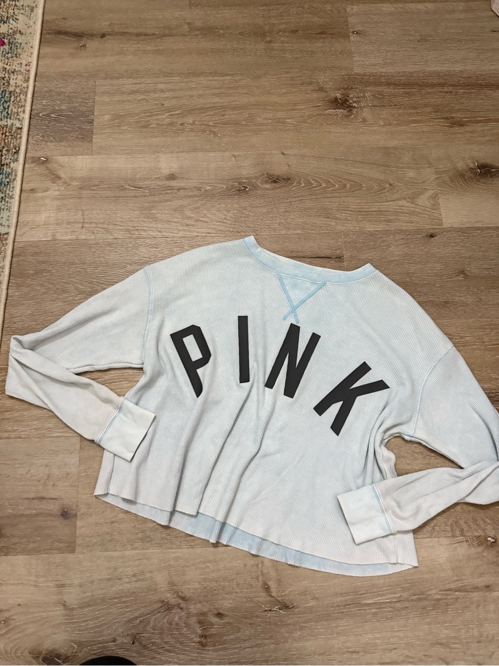 PINK Victoria's Secret Light Blue Cropped Crewneck with Black Logo